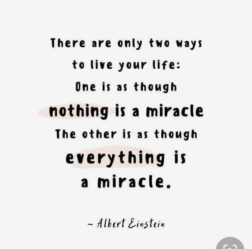 There are only two ways to live your life: One is as though nothing is a miracle . The other is as though everything is a miracle. - Albert Einstein